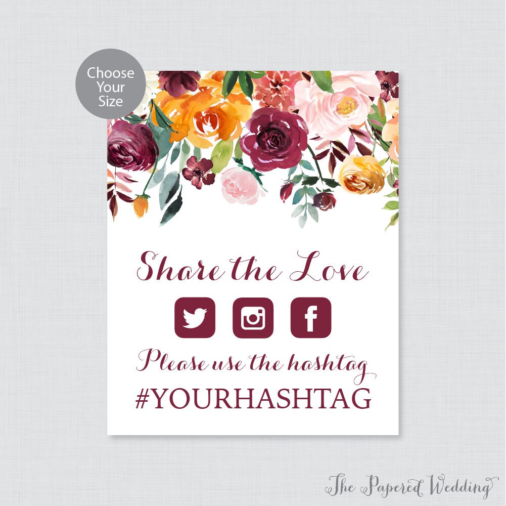 Printable Wedding Hashtag Sign - Fall Floral Autumn Share The Love Sign, Rustic Flower Photo 0008