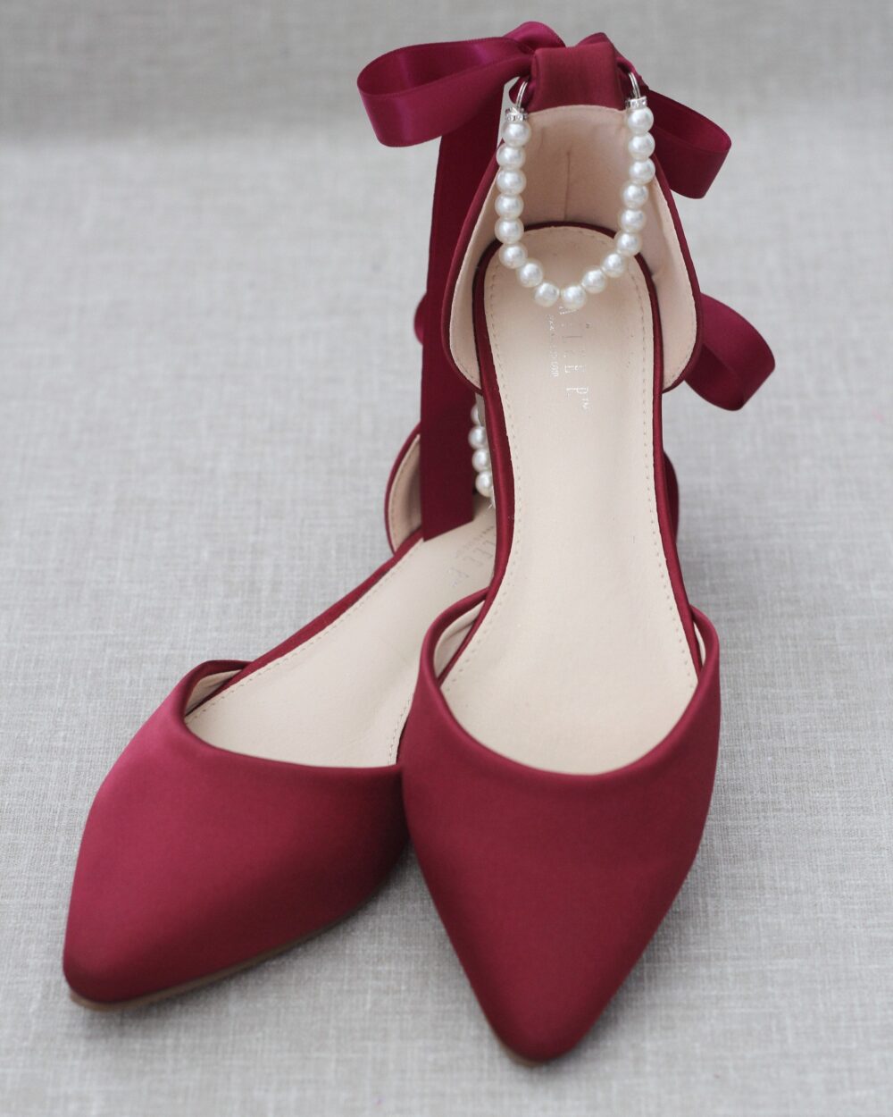 Burgundy Satin Pointy Toe Flats With All Pearls Ankle Strap, Fall Wedding Shoes, Bridesmaid Wine Bridal Flats, Holiday Evening Shoes