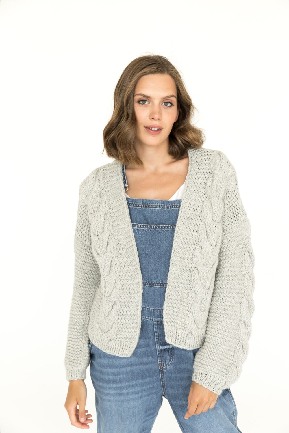 Light Gray Cable Knitted Alpaca & Lambs Wool Chunky Cardigan, Boho Moonshine Grey Handmade Bomber Jacket, Women's Hand Knit Sweater Gift