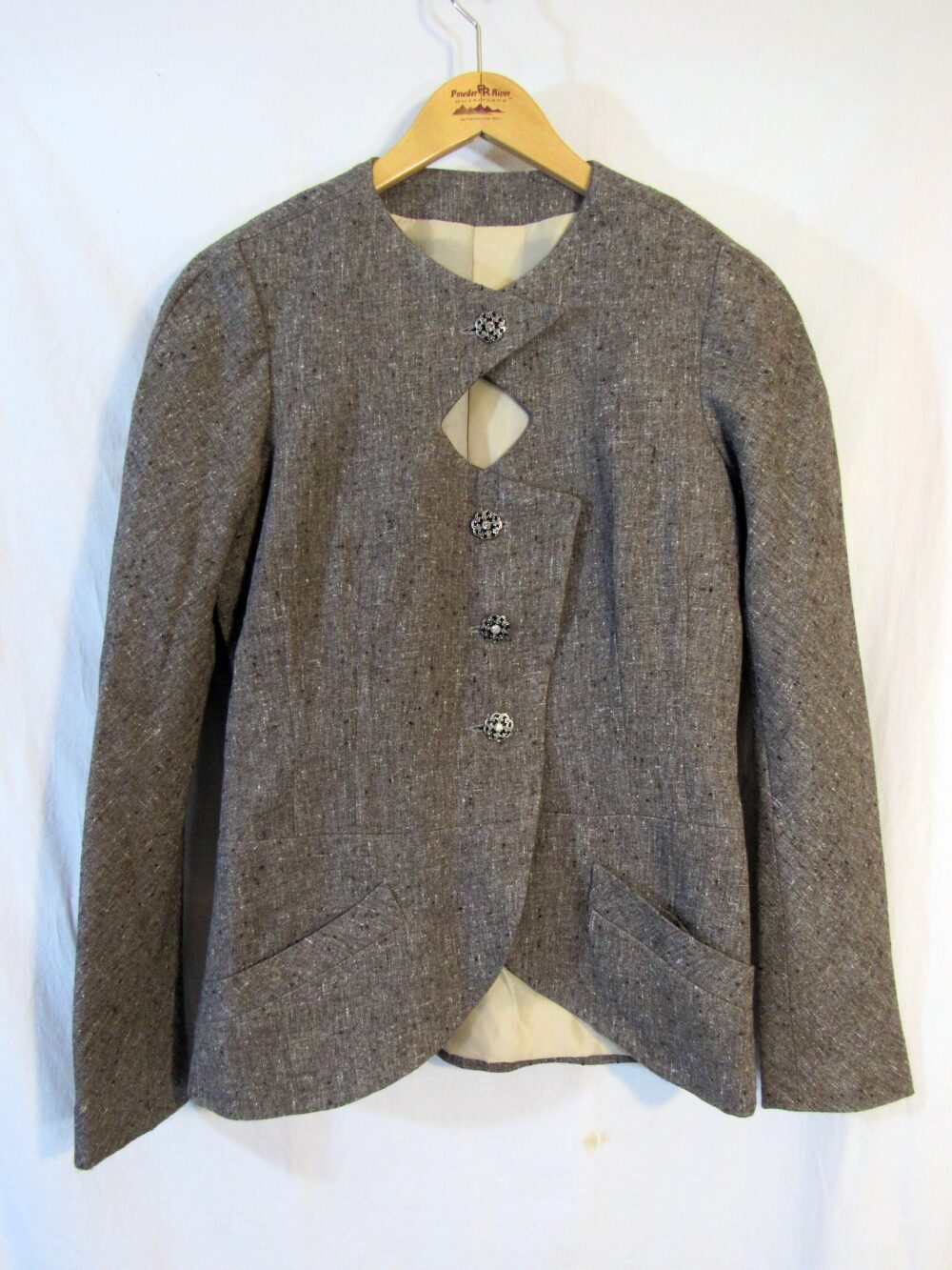 Wow 1940's Vintage Custom Tailored Unknown Maker Women's Taylored Collarless Suit Jacket Size 19.5" P2P Heathered Gray