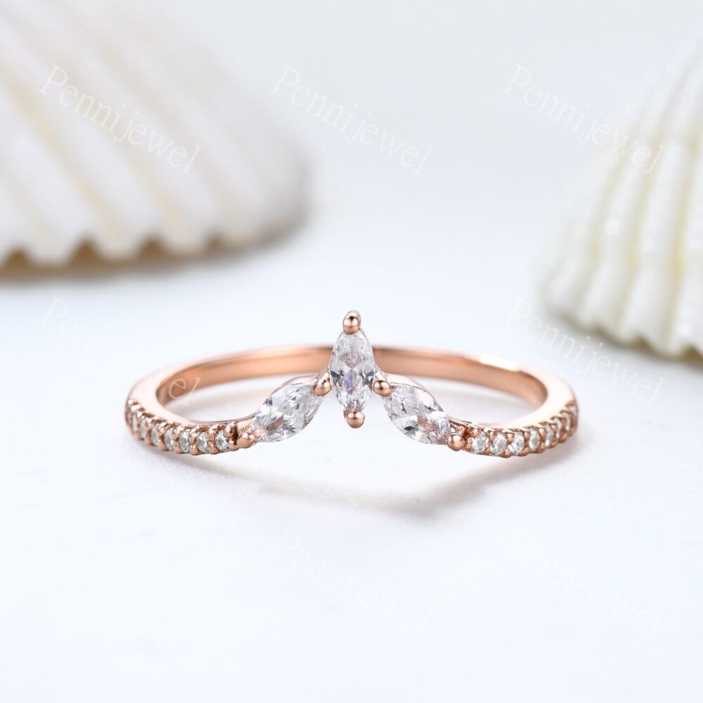 Moissanite Curved Wedding Band Rose Gold Engagement Ring Stacking Matching Marquise Shaped Leaf Branch