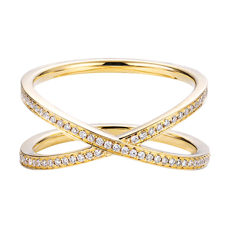 Double Band Cross Diamond Ring in Solid 18K Gold/Full Eternity Crisscross Wedding Ring/Custom Jewelry/Gift For Women & Girls