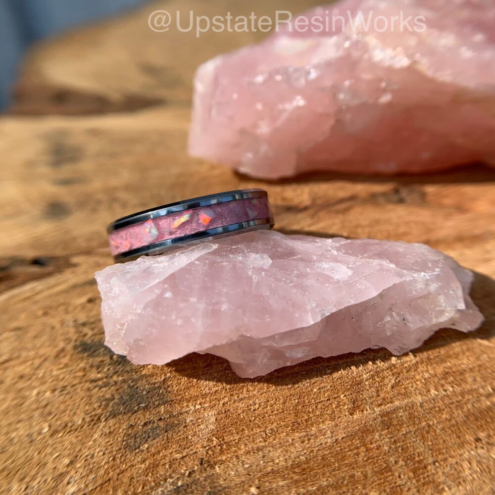 Pink Quartz & Opal Ring, Rose Crystal Band, Gemstone Wedding Engagement Vow Renewal Promise Band