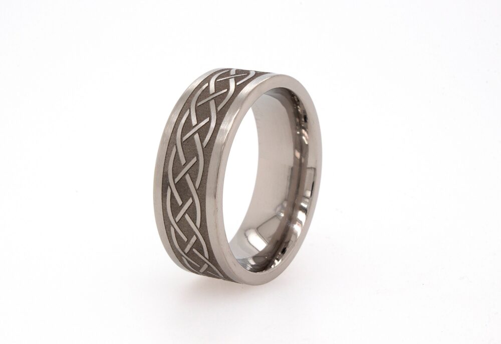 Celtic Knot Ring - Mens Wedding Band Titanium Engraved Brushed