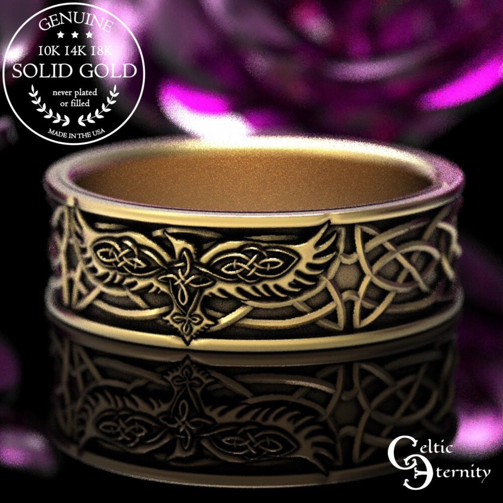Gold Celtic Raven Ring, Wedding Band, Mens 10K Viking 14K 1161