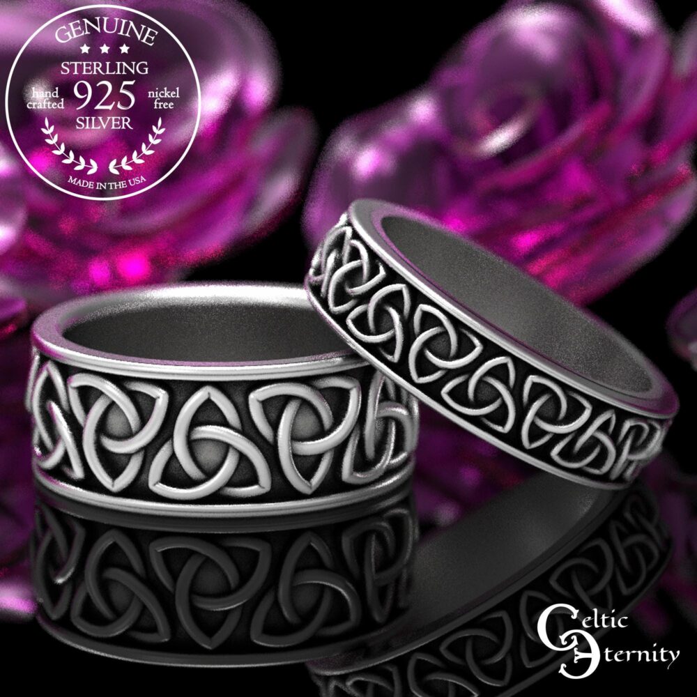 Celtic Trinity Wedding Ring Set, Knot Band Rings in Sterling Silver, Matching His + Hers 1181 1200
