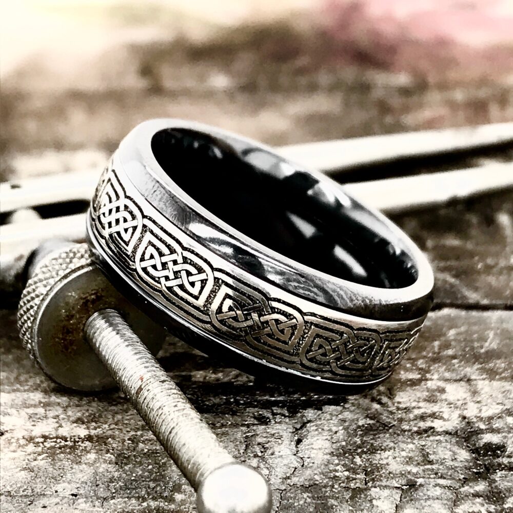 Celtic Knot Ring - Mens Wedding Band Black Zirconium Engraved