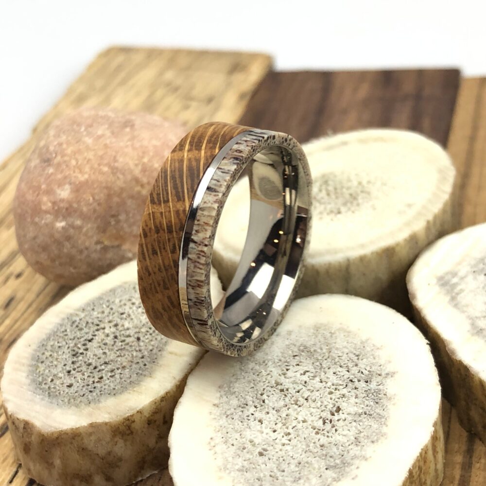 Whiskey Barrel Wedding Ring Deer Antler Inlay, Titanium Band