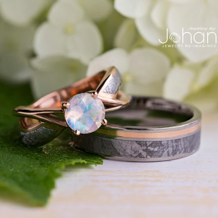 Meteorite Rose Gold Wedding Ring Set, Moonstone Engagement Ring, Titanium Band