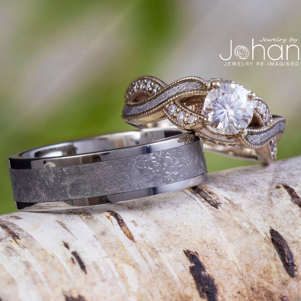 Meteorite Wedding Ring Set, Moissanite Twist Ring, Titanium Band
