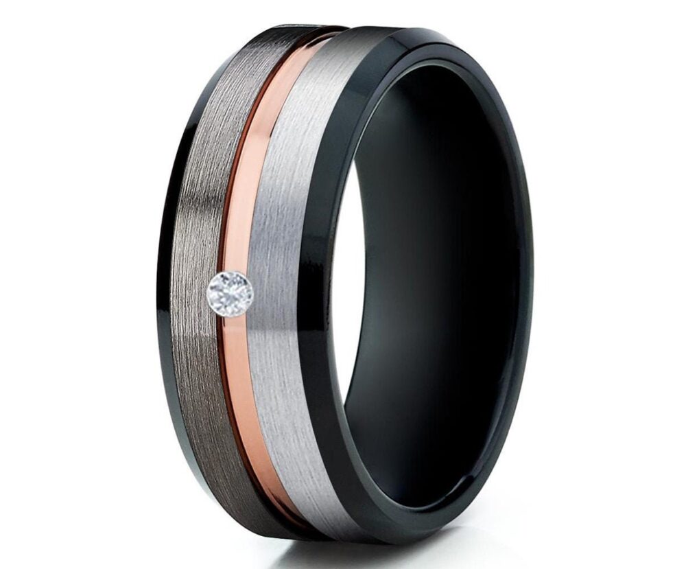 White Diamond Wedding Ring, Tungsten Carbide Ring, Anniversary Ring, Unique Ring, Black Band, Tungsten Ring, Comfort Fit