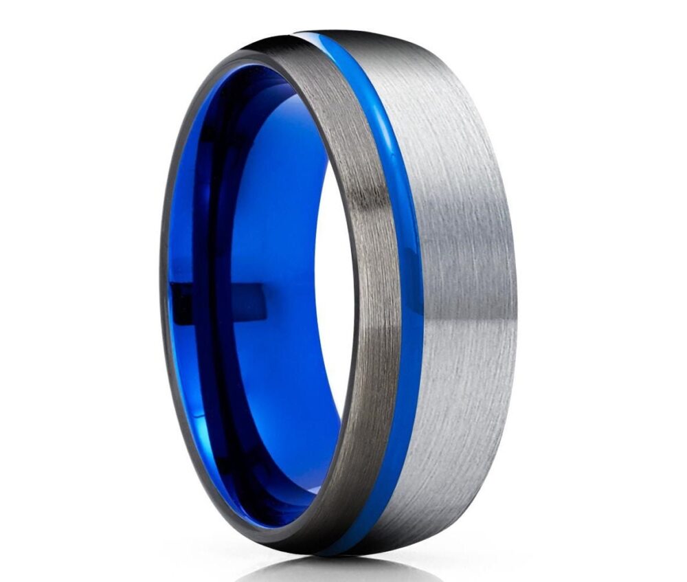 Gunmetal Wedding Ring, Blue Tungsten Ring, Anniversary Ring, Gray Band, Tungsten Carbide Ring, Tungsten Ring
