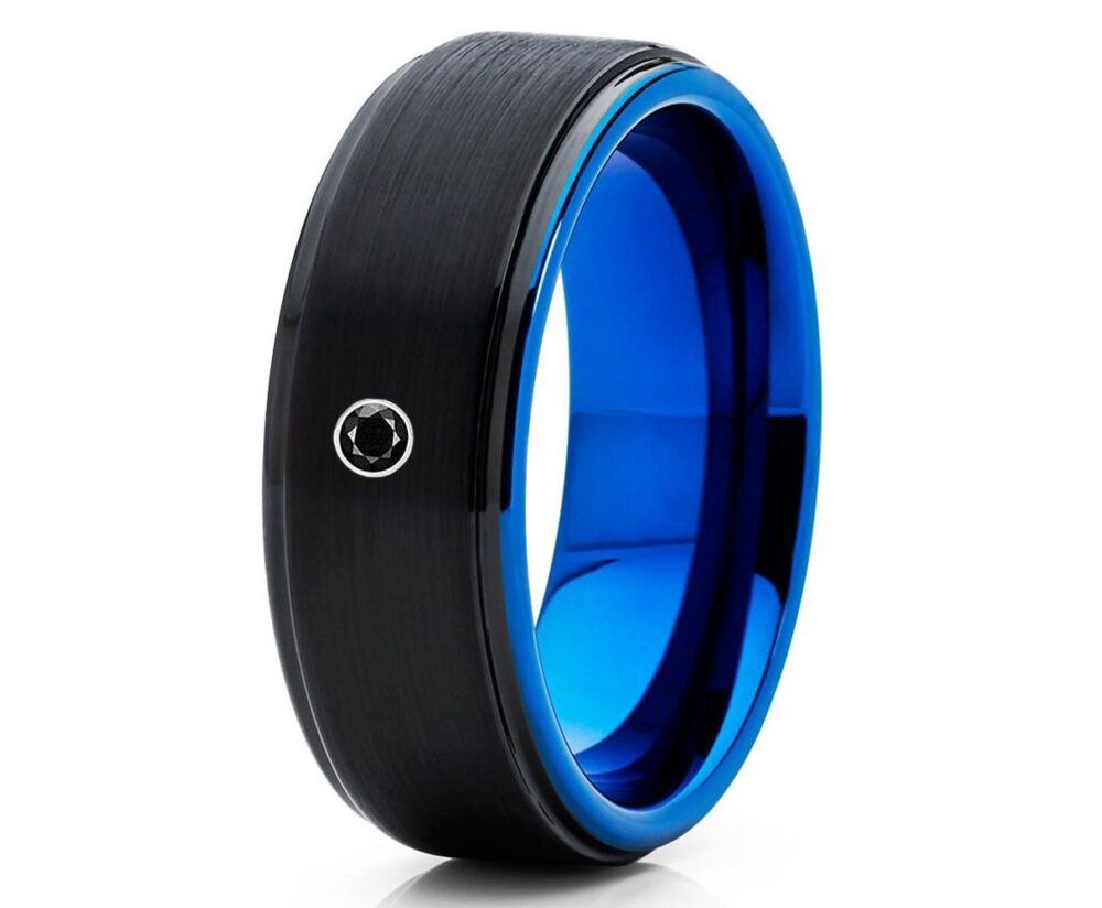 Black Wedding Ring, Blue Band, Tungsten Ring, Tungsten Carbide Ring, Engagement Band, Black Diamond Band