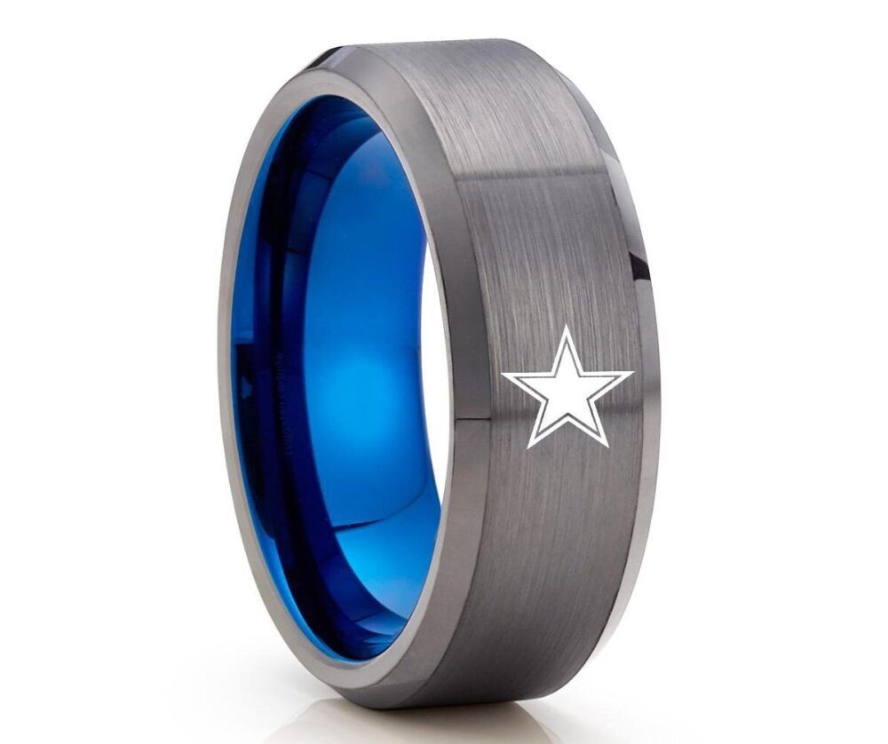 Gunmetal Wedding Ring, Blue Tungsten Ring, Football Inspired Ring, Tungsten Band, Unique Ring, Engagement Band, Star Ring