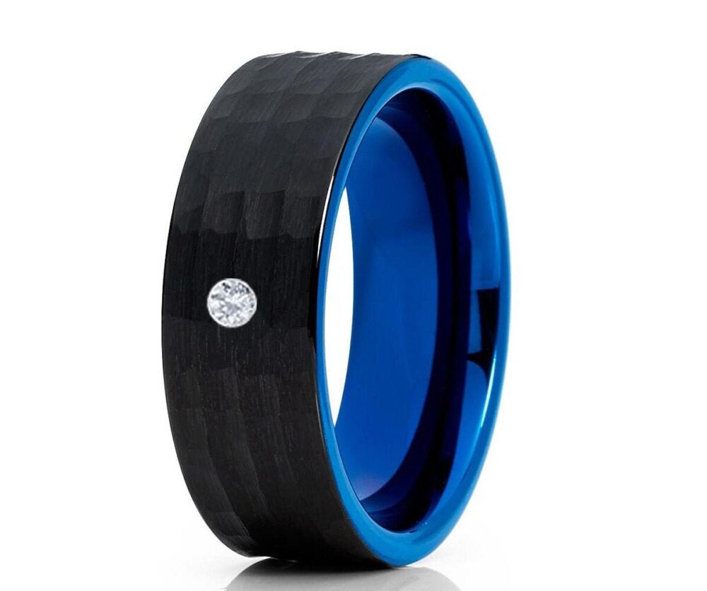 Diamond Wedding Ring, Blue Tungsten Ring, Black Ring, Anniversary Ring, Tungsten Carbide Ring, Hammered Black Band