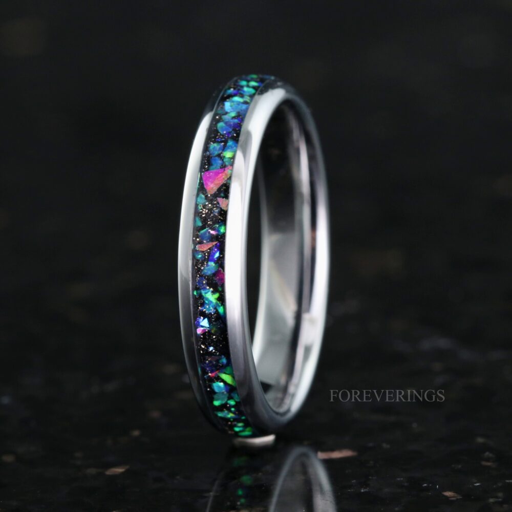 Galaxy Opal Wedding Band, Woman Tungsten Ring, 4mm Celestial Dome Round, Polished, Smooth, Silver Engraving