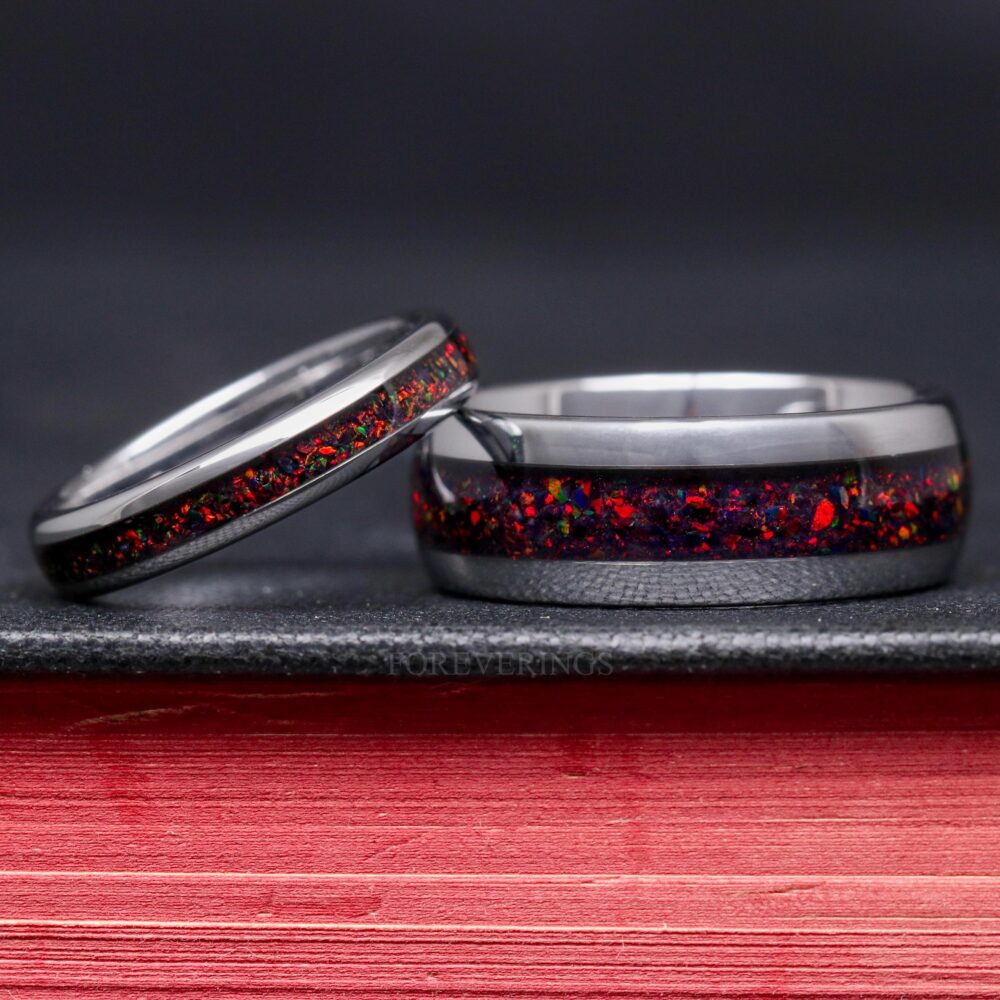 Black Opal Ring Set, His & Her Wedding Band, Fire Silver Tungsten Ring, Polish, Dome, Matching Couple Engraving