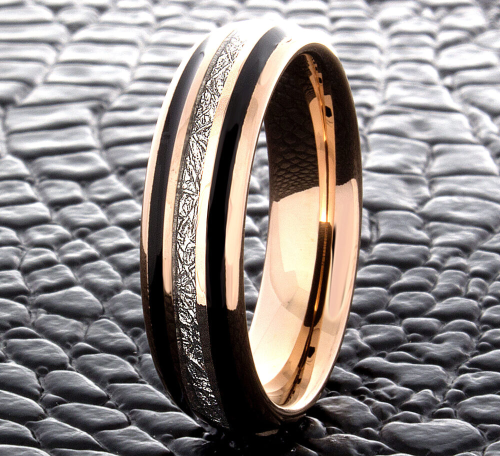 Rose Gold Wedding Band, Tungsten Ring, Meteorite Black Enamel Grooves, 6mm Handmade Ring