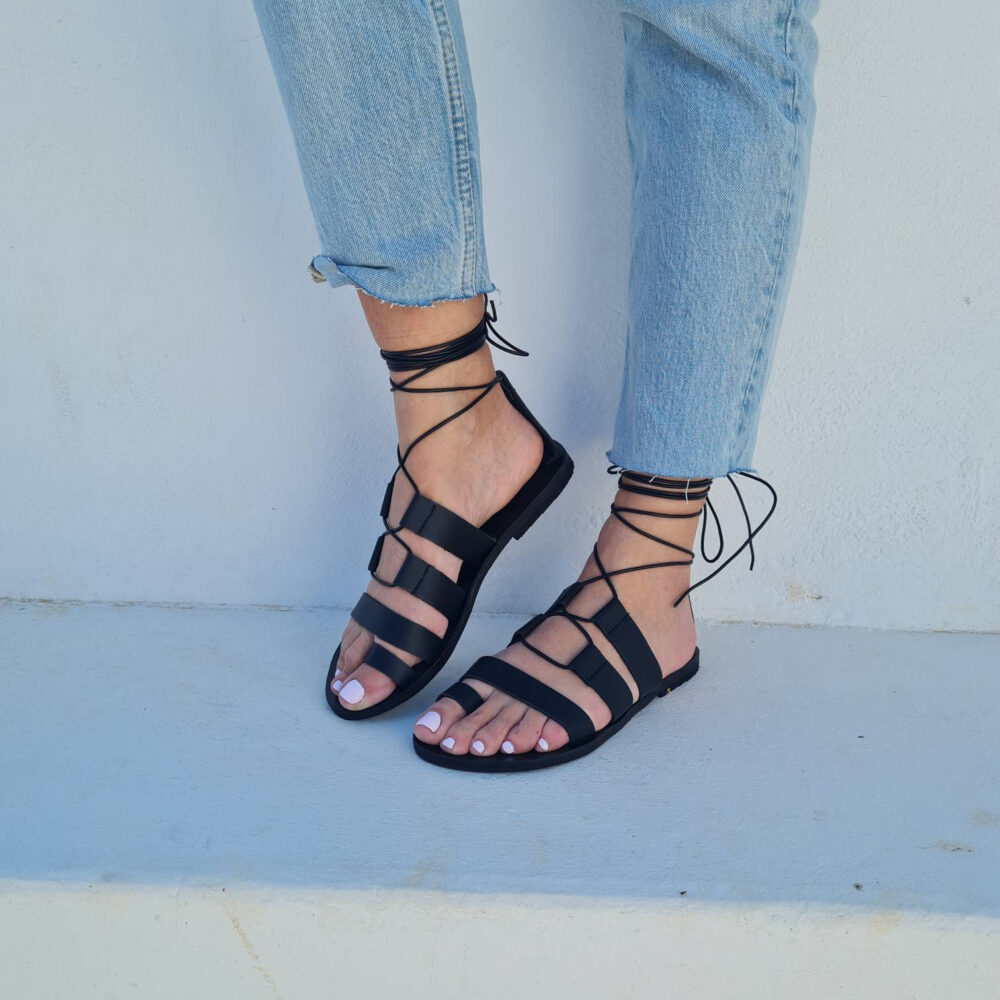 Black Lace Up Leather Sandals Handmade, Tie Sandals, Gladiator Flats, Summer Shoes, Bridesmaid Gift, Wedding Gift, Flat Shoes, Beach Shoes