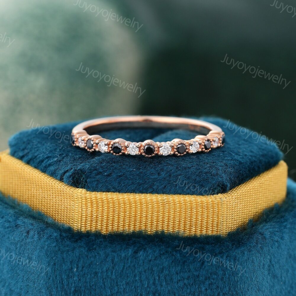 Black Diamond Wedding Band Vintage Rose Gold Milgrain Ring Half Eternity Moissanite Matching Stacking Anniversary Gift