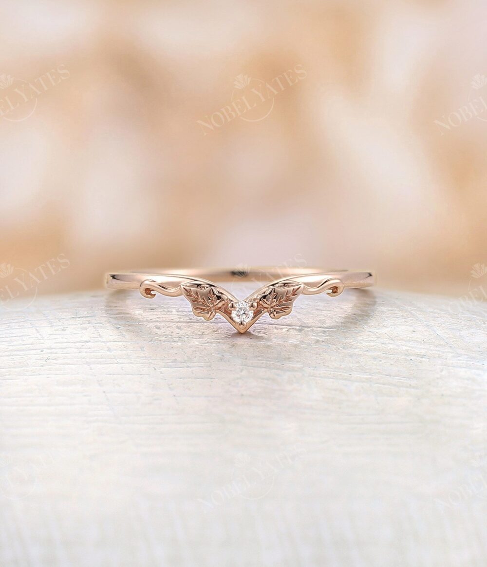 Art Deco Natural Diamond Curved Wedding Band Vintage Rose Gold Wedding Ring Unique Leaf Design Matching Bridal Anniversary Promise