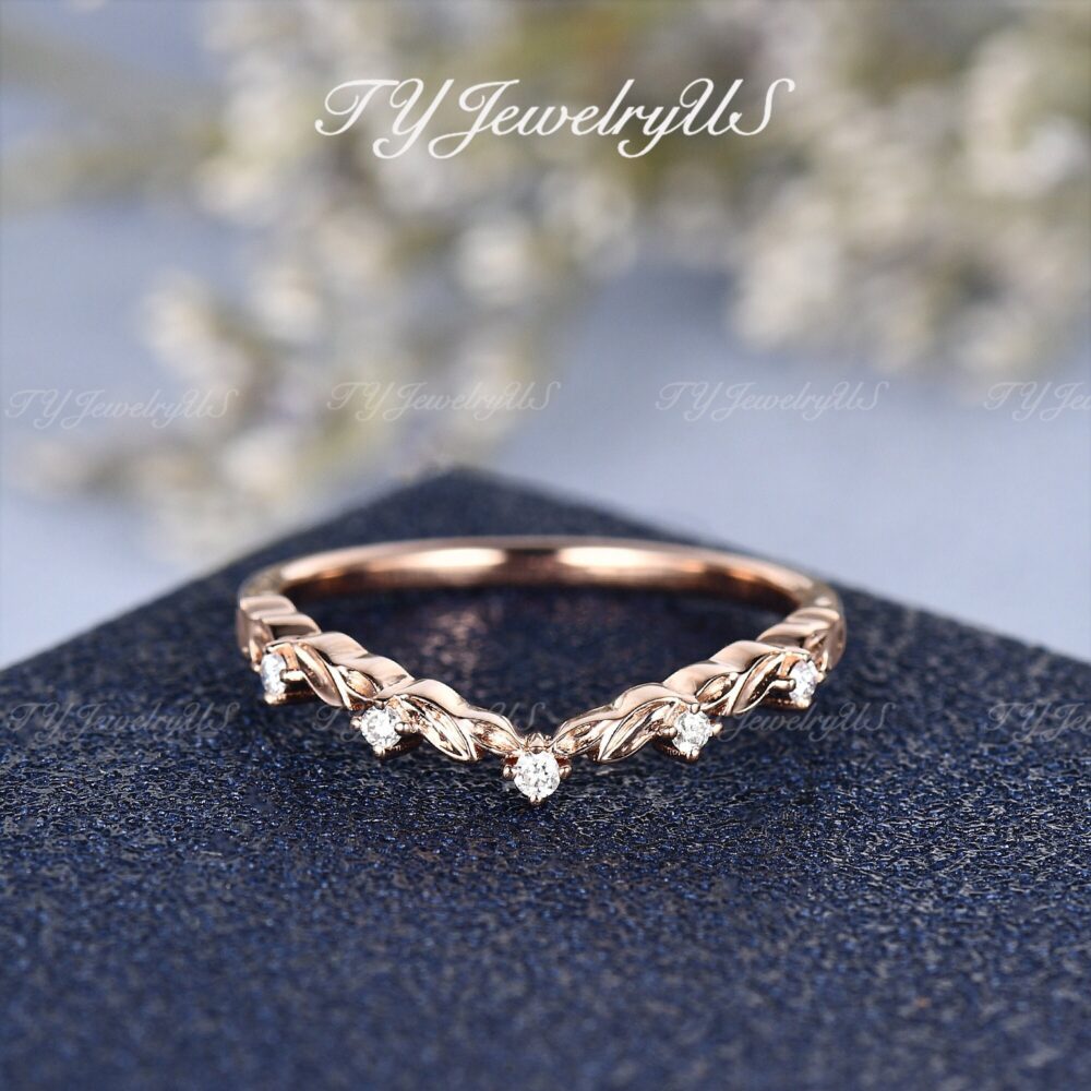 Vine Diamond Wedding Band Women Rose Gold Chevron Ring Art Deco Leaf Dainty Matching Vintage Stacking Bridal Inspire