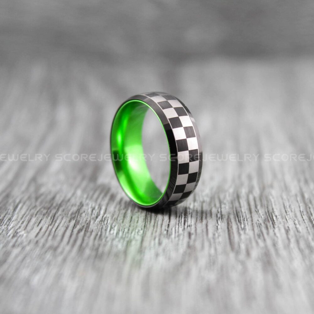 Racing Flag Ring, Checkered Black Tungsten Band With Domed Edge Brushed Finish Green Interior Ring