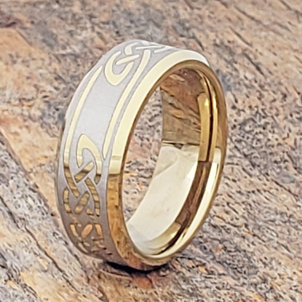 Gold Tungsten Celtic Wedding Band Ring, 8mm Comfort Fit