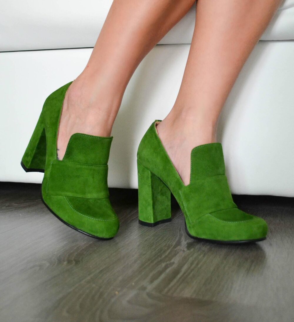Handmade High Heel Loafer Shoe, Genuine Leather Pumps, Green Suede Shoes, Fashion Booties, Wedding Bridal Special Occasion Pumps