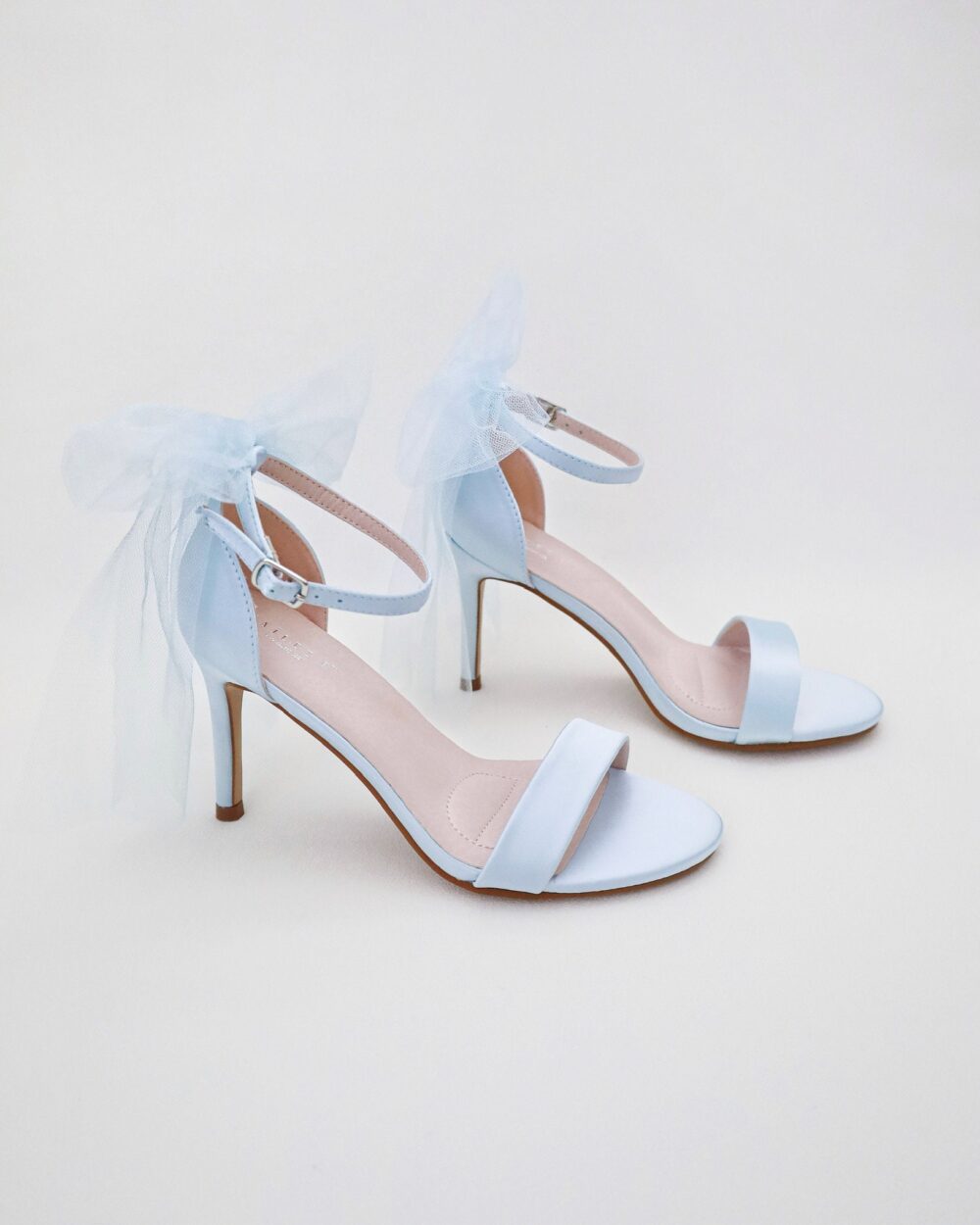 Light Blue Satin High Heel Wedding Sandals With Tulle Back Bow, Heels Sandals, Bridesmaids Shoes, Bridal