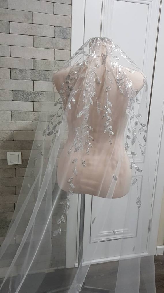 Sequined Floral Wedding Veil Super Sparkle Leaf Design