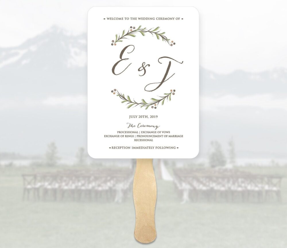 Wedding Program Fans With Wooden Sticks, Woodland Wreath, Fans, Printed Ceremony Fan, Simple Monogram