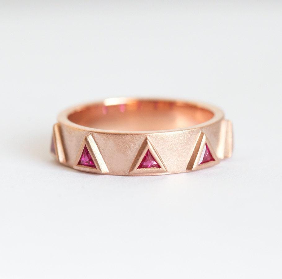 Rose Gold Ruby Ring, Unique Wedding Band With Trillion Rubies Half Eternity