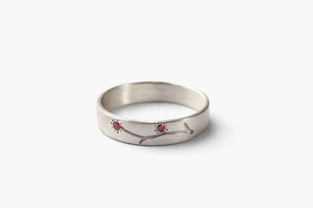 Romantic Sterling Silver, Natural Ruby Gemstone Band With Hand-Engraved Flower | Promise/Engagement/Wedding Ring For Her