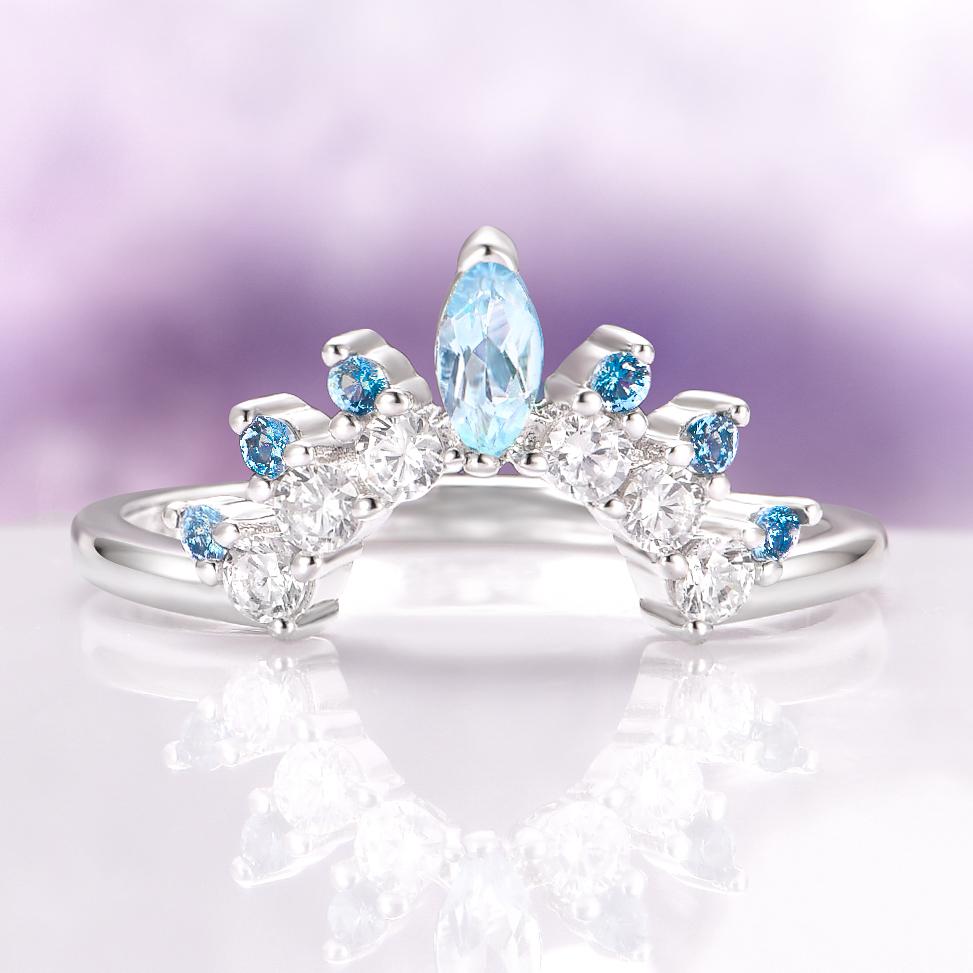 Aquamarine & Swiss Blue Topaz Wedding Band - 925 Sterling Silver Curved Ring - Matching Arc Stacking Ring