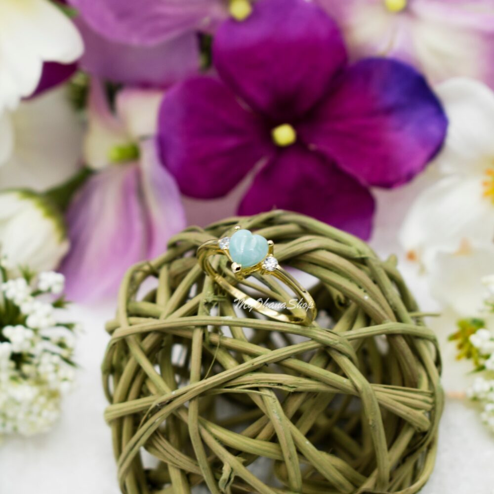 925 Sterling Silver Larimar Aloha Heart Ring Plated With Gold For Women. Stacking, Dainty Natural Larimar, Created Blue/White Opal Ring
