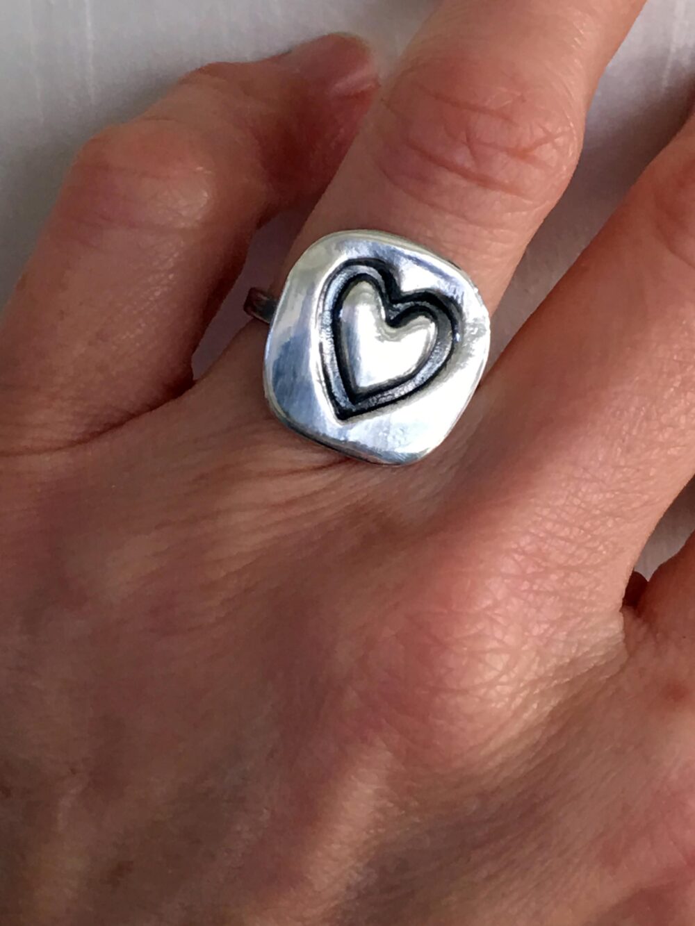 Silver Heart Ring, Statement Big Stamped Ooak Ring