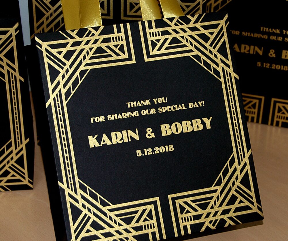 35 Gatsby Style Wedding Welcome Bags With Gold Satin Ribbon Handles & Your Names Black Gold Art Deco Bag Theme Gift Bags