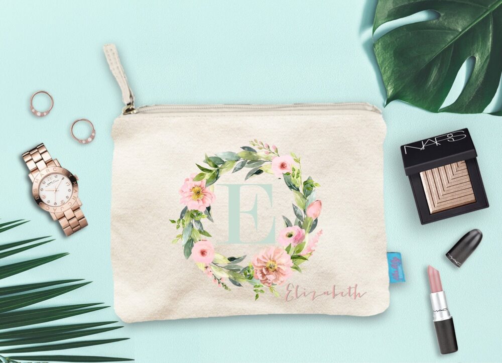 Floral Initial Canvas Makeup Bag, Personalized Cosmetic Pouch