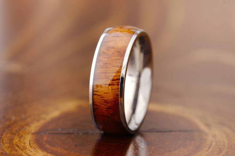 Titanium Mens Wedding Band With Rose Wood, Silver Ring, Natural Wood Ring For Men, Guys Promise Engagement Men Anniversary Gift