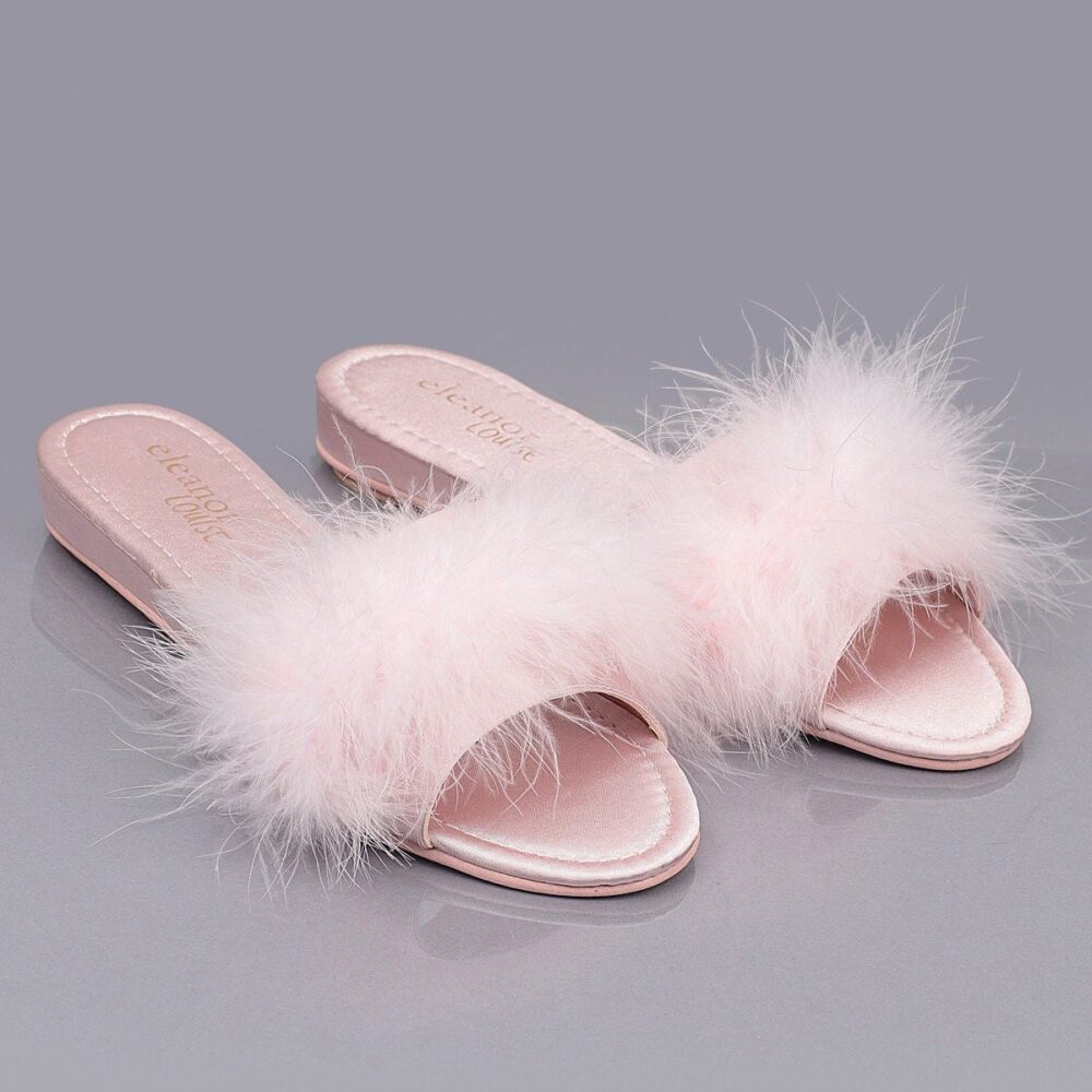 Marabou Feather Slippers, Trendy Bride Satin Pink Bridal Boudoir Wedding Sandals