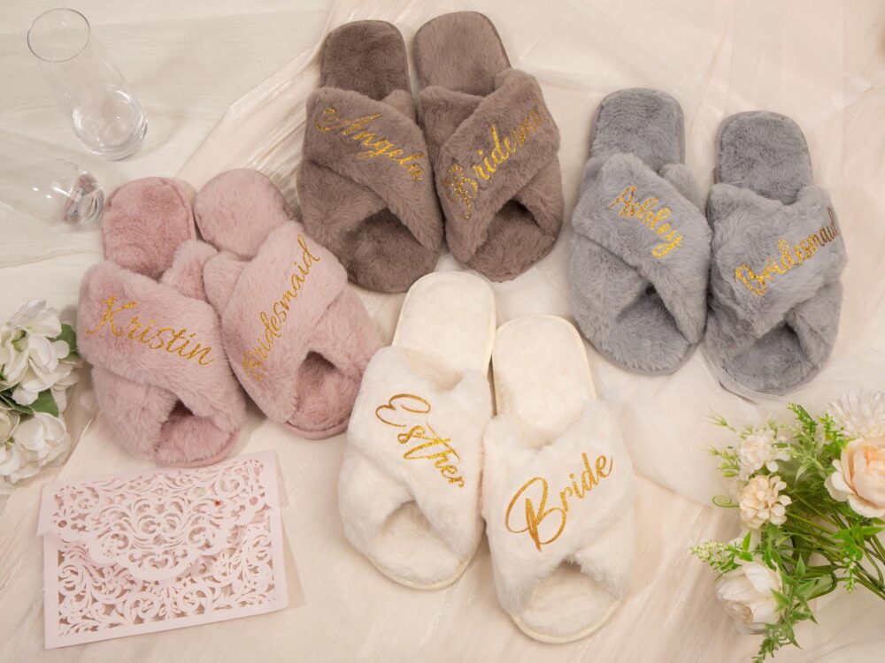 Personalized Fluffy Slippers, Christmas Party Gift, Custom Bride Slippers, Plush Crossover Bridesmaids Slippers