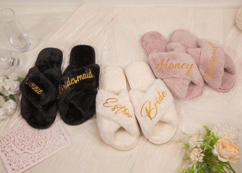 Plush Crossover Bridesmaids Slippers, Custom Bride Slippers, Christmas Party Gift, Personalized Fluffy Slippers