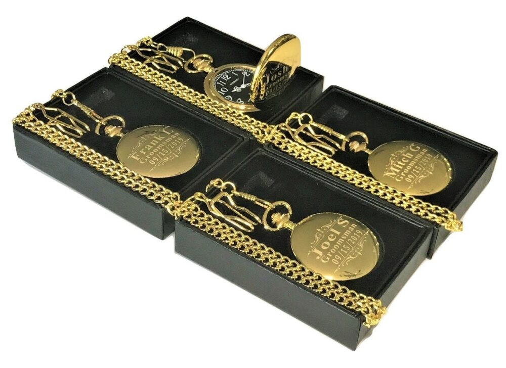 4 Personalized Engraved Gold Pocket Watches, Mens Gift Box, Chain & Engraving Included, Vintage New Style