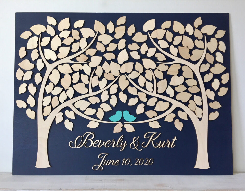 Wedding Guest Book Alternative 3D Wood Tree Of Hearts, Navy Blue Decor Two Trees