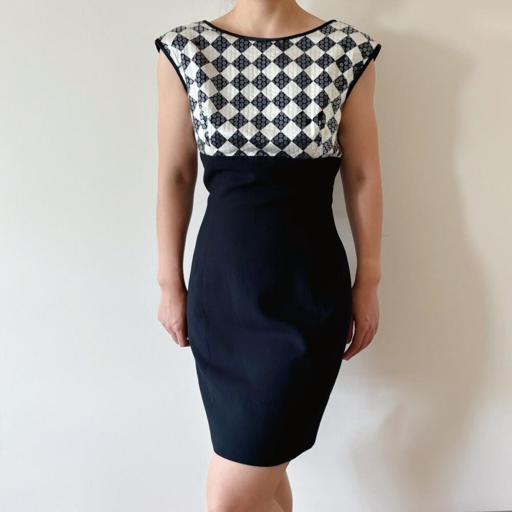 Vintage Little Black Dress lbd Midi Formal Cocktail Pencil Skirt Date Minimalist Beaded Sequin Plaid White Size M