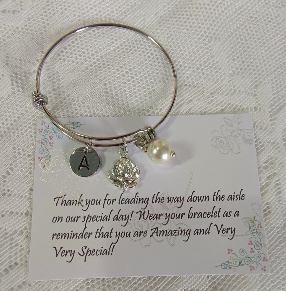 Silver Flower Girl Bracelet, Bangle, Personalized Flower Gift, Jewelry, Little Child Bangle