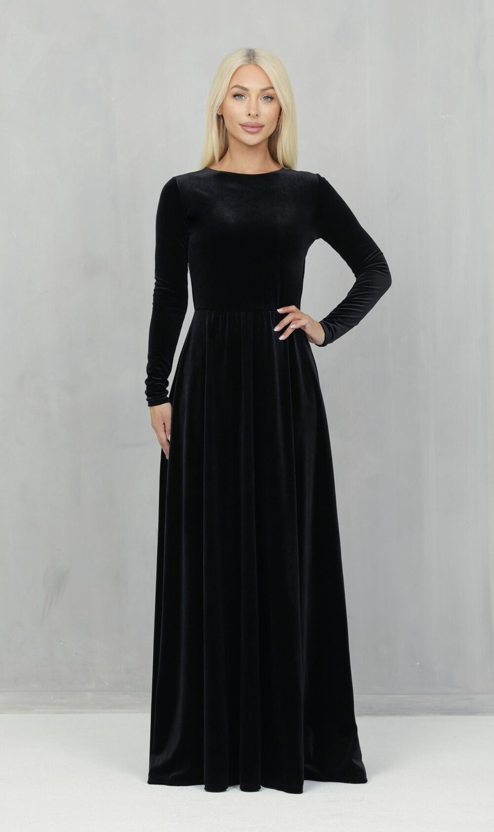 Elegant Black Velvet Dress, Long Sleeve A-Line Formal Gown