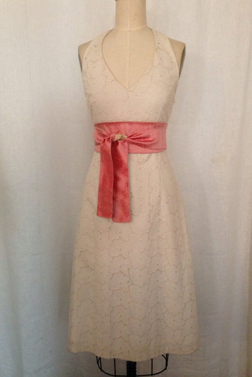 Halter Cotton Eyelet Short A-Line Dress-Ecru, Made To Order