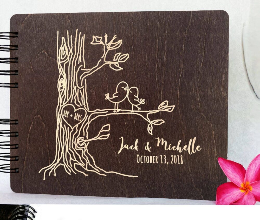 Personalized Love Birds Wooden Wedding Guest Book 8.5x7" Wood Alternate Unique Barn Mr Mrs Guestbook Custom Newlywed Register